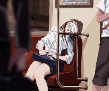  1girl 2boys bag black_skirt blurry blurry_foreground breasts brown_hair buttons fujimoto_kouki leaning_to_the_side long_hair mask messy_hair mouth_mask multiple_boys open_mouth original shirt sitting skirt sleeping sleeping_upright slice_of_life surgical_mask train train_interior white_shirt 