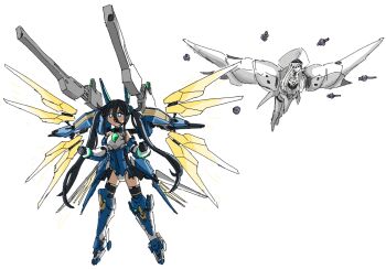  2girls after_war_gundam_x aris_(armed)_(blue_archive) aris_(blue_archive) bare_shoulders black_hair blue_archive blue_eyes commentary_request energy_gun funnels_(gundam) glowing gundam gundam_double_x hair_between_eyes jigura long_hair malkuth_(blue_archive) mecha_musume mechanical_wings multiple_girls parody satellite_cannon shoulder_cannon thighhighs twintails very_long_hair weapon white_background wings 