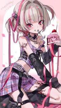  1girl arm_belt arm_strap arm_warmers bare_shoulders bat_necklace belt black_arm_warmers black_belt black_collar black_leg_warmers black_straps blunt_bangs blush cake candle chain chain_necklace character_name collar collarbone colored_inner_hair commentary confetti crop_top cross-laced_clothes cross-laced_top earclip feet_out_of_frame flat_chest food fork from_side fuubuu grey_hair grin hair_intakes hand_on_own_knee hand_up happy_birthday heart heart_tattoo highres holding holding_plate jewelry leg_belt leg_tattoo leg_warmers looking_at_viewer loose_belt makaino_ririmu makaino_ririmu_(6th_costume) midriff miniskirt mouth_hold multicolored_hair multicolored_hair_bobbles multiple_belts navel necklace nijisanji no_headwear no_jacket o-ring o-ring_collar o-ring_thigh_strap pendant pink_hair pink_skirt pink_streaks plaid_clothes plaid_skirt plate pleated_skirt pointy_ears red_eyes red_ribbon ribbon short_hair shoulder_tattoo sitting skirt sleeveless smile solo spiked_collar spikes strap_slip strawberry_shortcake streaked_hair studded_belt symbol-only_commentary tattoo teeth_hold thigh_strap two-tone_hair two_side_up virtual_youtuber winged_heart winged_heart_tattoo wolf_cut yokozuwari 