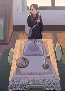  1girl absurdres backlighting bag black_serafuku black_shirt black_skirt brown_eyes brown_hair chair commentary_request cup drinking_glass evening expressionless flower from_above highres indoors kojiro337 lonely medium_hair neckerchief note original pencil pleated_skirt red_neckerchief rug satchel school_uniform serafuku shirt skirt solo table watermark wooden_floor 