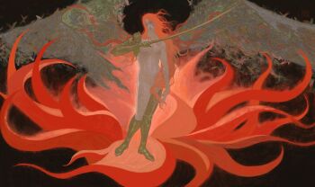  1girl absurdres amputee black_background breasts bug butterfly convenient_censoring convenient_hair covering_crotch covering_privates elden_ring fine_art_parody flower full_body golden_sword gvales_(hvfrue) highres holding holding_sword holding_weapon insect long_hair malenia_blade_of_miquella malenia_goddess_of_rot mechanical_arms no_eyes parody prosthesis prosthetic_arm prosthetic_leg red_hair scarlet_aeonia_(elden_ring) signature single_mechanical_arm small_breasts solo standing sword the_birth_of_venus too_many too_many_butterflies triple_amputee weapon wings 