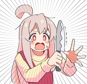  1girl ahoge apron blush_stickers brown_eyes commando_(movie) commentary dot_nose emphasis_lines eyes_visible_through_hair flying_sweatdrops holding holding_knife kitchen_knife knife long_hair long_sleeves noyama_takenoko onii-chan_wa_oshimai! open_mouth oyama_mahiro parody pink_hair red_apron simple_background solo upper_body white_background 