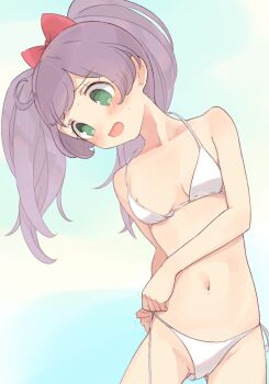 1girl bikini blush breasts green_eyes groin halterneck highres hyakumangoku_masurao loli long_hair manaka_laala navel open_mouth partially_visible_vulva pretty_series pripara purple_hair side-tie_bikini_bottom small_breasts solo string_bikini swimsuit twintails tying white_bikini rating:Questionable score:70 user:danbooru