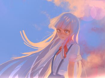  1girl blue_eyes blue_hair blunt_bangs cloud commentary_request crying furude_rika higurashi_no_naku_koro_ni long_hair looking_ahead outdoors red_ribbon ribbon shirt short_sleeves solo suspenders tears tust_(tustog) white_shirt 