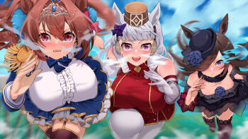  3girls alternate_breast_size_(larger) animal_ears barefoot blunt_bangs blush breasts breath brown_hair brown_hat buttons center_frills closed_mouth covered_erect_nipples daiwa_scarlet_(peak_blue)_(umamusume) daiwa_scarlet_(umamusume) day detached_collar detached_sleeves dress ear_covers fingernails floating_hair flower frills fur_collar garter_straps gloves gold_ship_(red_strife)_(umamusume) gold_ship_(umamusume) grey_hair hair_between_eyes hair_over_one_eye hat hat_flower horse_ears huge_breasts long_hair long_sleeves looking_at_viewer motion_blur multiple_girls nail_polish off-shoulder_dress off_shoulder open_mouth outdoors pantyhose parted_lips pillbox_hat pink_eyes purple_eyes red_eyes red_nails rice_shower_(rosy_dreams)_(umamusume) rice_shower_(umamusume) rose running serious smile straight-on sumisumii sweat thighhighs tiara umamusume v-shaped_eyebrows 