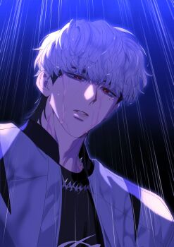  1boy absurdres anti-eyebrow_piercing asdf_66 commentary eunho_(plave) face_piercing from_below hair_between_eyes highres jacket k-pop looking_at_viewer male_focus multicolored_hair open_clothes open_jacket parted_lips piercing plave print_shirt rain red_eyes shirt short_hair solo two-tone_hair upper_body white_hair white_jacket 