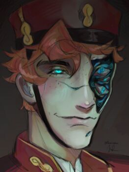  1boy bellhop_uniform blue_eyes closed_mouth deadlock_(game) doorman_(deadlock) extra_eyes franc1n1st3r freckles hat looking_at_viewer male_focus orange_hair portrait red_hat short_hair solo upper_body 