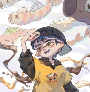  1boy backwards_hat black_hat black_jacket blue_hair commentary earrings food grey_eyes hat inkling inkling_boy inkling_player_character jacket jewelry looking_to_the_side lu_3sea male_focus nintendo open_mouth pointy_ears print_shirt shirt short_hair shrimp shrimp_tempura single_earring smile solo splatoon_(series) tempura tentacle_hair untranslatable_commentary yellow_shirt 