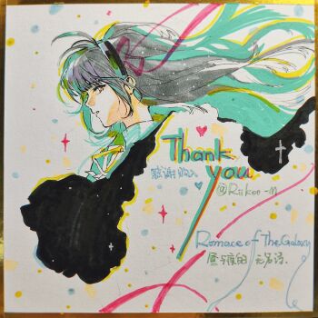  1girl absurdres akemi_homura akemi_homura_(black_dress) artist_name black_dress black_hair chinese_commentary commentary_request cropped_torso dress drop_shadow expressionless eyelashes floating_hair grey_hair hair_ribbon highres long_hair mahou_shoujo_madoka_magica mahou_shoujo_madoka_magica:_hangyaku_no_monogatari neck_ribbon parted_lips pink_ribbon pointy_nose polka_dot polka_dot_background purple_eyes ribbon riko-m shirt shirt_under_dress solo sparkle thank_you traditional_media turtleneck turtleneck_shirt very_long_hair white_background white_ribbon white_shirt 