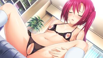  1girl black_bra black_panties blush bookshelf bow bow_bra bow_panties bra breasts censored choukou_(alicesoft) choukou_shinki_ixseal closed_eyes collarbone crotchless crotchless_panties cupless_bra curtains dutch_angle game_cg hair_between_eyes houshou_kirika indoors kneehighs large_variant_set lingerie long_hair mosaic_censoring navel nippleless_clothes nipples non-web_source official_art onigirikun open_mouth panties plant potted_plant pussy red_hair side_ponytail sitting small_breasts socks solo spread_legs sweat underwear underwear_only variant_set white_socks 