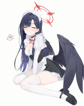  1girl :d absurdres alternate_costume apron bell black_dress black_hair black_shoes black_wings blue_archive blush breasts cleavage closed_eyes commentary_request dress enmaided facing_viewer garter_straps grin halo highres ichika_(blue_archive) juliet_sleeves long_hair long_sleeves low_wings maid maid_headdress medium_breasts neck_bell neck_ribbon open_mouth parted_lips puffy_sleeves rang_go red_ribbon ribbon shoes simple_background sitting smile solo thighhighs waist_apron wariza white_apron white_background white_thighhighs wings 