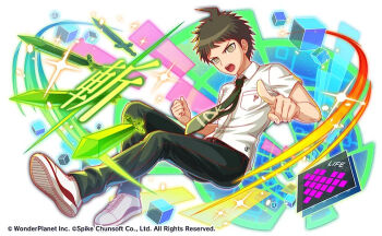 1boy ahoge black_pants breast_pocket brown_hair colorful copyright_notice crash_fever danganronpa_(series) green_eyes green_necktie green_sword heart hinata_hajime male_focus necktie official_art pants pocket pointing polo_shirt promotional_art shirt shoes short_sleeves simple_background sneakers solo sword third-party_source weapon white_background white_shirt white_shoes