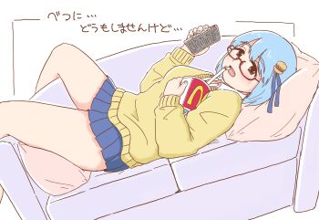  1girl blonde_hair blue_hair blue_nails blue_skirt borrowed_character breasts burger_hair_ornament cellphone collared_shirt commentary_request couch cup disposable_cup drinking_straw food-themed_hair_ornament from_side glasses hair_ornament hair_ribbon hamburger-chan_(hundredburger) highres holding holding_cup holding_phone looking_at_viewer lying mcdonald's medium_breasts miniskirt noe_aoikaba on_back original phone pillow red-framed_eyewear red_eyes ribbon shirt skirt smartphone solo translation_request white_shirt 