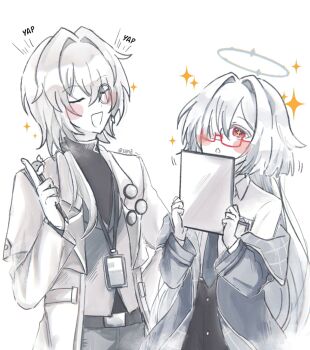  +_+ 1boy 1girl anaxa_(honkai:_star_rail) closed_eyes commentary crossover english_commentary glasses hair_over_one_eye halo hand_up highres holding honkai:_star_rail honkai_(series) id_card jacket lanyard looking_at_another mornye_(wuthering_waves) necktie off_shoulder open_mouth red-framed_eyewear semi-rimless_eyewear shirt smile sparkle sparkling_aura under-rim_eyewear wuthering_waves xenarrq 