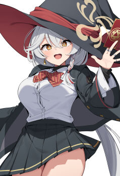 1girl absurdres black_hat black_jacket black_skirt blue_archive blush bow bowtie braid breasts card collared_shirt earrings eri_(blue_archive) halo hat highres jacket jewelry large_breasts long_hair long_sleeves looking_at_viewer open_mouth orange_eyes pleated_skirt shirt skirt smile solo suiroh_(shideoukami) thighs white_hair white_shirt witch_hat rating:Sensitive score:9 user:danbooru