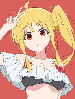  1girl absurdres ahoge arm_up bikini blonde_hair bocchi_the_rock! bow braid breasts choppy_bangs cleavage commentary_request dot_nose highres ijichi_nijika large_breasts layered_bikini long_hair looking_at_viewer multicolored_bikini off_shoulder parted_lips red_background red_bow red_eyes side_ponytail side_ponytail_with_braided_base simple_background solo swimsuit two-tone_bikini upper_body v white_bikini xiaox096 