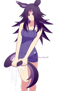  1girl animal_ears bare_arms bare_shoulders black_hair blue_one-piece_swimsuit breasts closed_mouth collarbone commentary_request competition_school_swimsuit covered_navel fenomeno_(umamusume) flipped_hair highres horse_ears horse_girl horse_tail long_hair looking_at_viewer medium_breasts multicolored_hair one-piece_swimsuit purple_eyes purple_hair school_swimsuit simple_background solo standing swimsuit tail tracen_swimsuit umamusume w3n6e water wet wet_clothes wet_swimsuit white_background wringing wringing_tail 