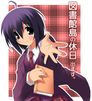 00s ahoge black_eyes book kantoku mahou_sensei_negima! miyazaki_nodoka outstretched_arm outstretched_hand plaid_clothes plaid_skirt purple_hair reaching short_hair skirt solo rating:Questionable score:2 user:danbooru