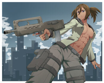  1girl abs aiming assault_rifle belt breasts brown_hair bullpup dark-skinned_female dark_skin earrings ebr-kii famas female_focus gun hair_between_eyes handgun holding holding_gun holding_weapon holster jacket jewelry large_breasts muscular muscular_female navel no_bra open_clothes open_jacket original pistol purple_eyes revealing_clothes rifle sideboob solo thigh_holster topless_female trigger_discipline weapon  rating:Sensitive score:73 user:danbooru