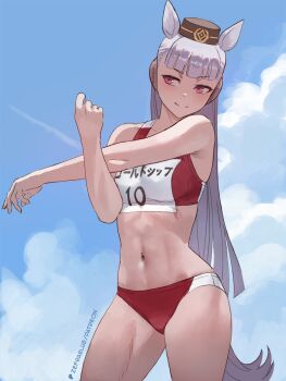  1girl abs animal_ears bare_shoulders blue_sky blunt_bangs blush breasts brown_hat buruma closed_mouth cloud commentary cross-body_stretch gold_ship_(umamusume) grey_hair hat highres horse_ears horse_girl horse_tail long_hair medium_breasts navel pillbox_hat purple_eyes red_buruma red_sports_bra sky smile solo sports_bikini sports_bra stomach stretching tail toned toned_female track_and_field umamusume zefrableu  rating:Sensitive score:47 user:danbooru