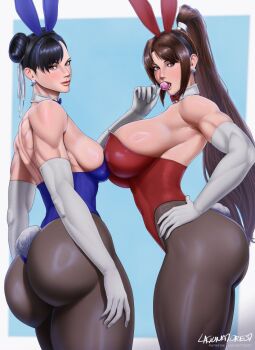  2girls animal_ears artist_name ass asymmetrical_bangs asymmetrical_docking bare_shoulders biceps black_hair blue_bow blue_bowtie blue_leotard bow bowtie breast_press breasts brown_eyes brown_hair candy capcom chun-li commentary crossover detached_collar double_bun earrings elbow_gloves fake_animal_ears fake_tail fatal_fury food gloves hair_bun hair_ribbon hand_on_own_hip high_ponytail highleg highleg_leotard holding holding_candy holding_food holding_lollipop huge_ass jewelry laguna_torest large_breasts leotard lips lollipop long_hair looking_at_viewer medium_breasts multiple_girls muscular muscular_female pantyhose patreon_username playboy_bunny ponytail rabbit_ears rabbit_tail red_bow red_bowtie red_leotard ribbon shiranui_mai short_hair sideboob simple_background smile strapless strapless_leotard street_fighter tail the_king_of_fighters thick_thighs thighs traditional_bowtie untranslatable_commentary white_gloves white_ribbon 