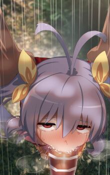  1boy 1girl absurdres antenna_hair backpack bag bar_censor blurry blurry_background blush bow censored deepthroat depth_of_field fellatio full-face_blush hair_bow hetero highres jitome large_penis loli long_sleeves looking_at_viewer miyauchi_renge mizumizuni non_non_biyori oral outdoors penis pink_shirt pov pov_crotch precum purple_hair randoseru red_bag red_eyes shirt skirt snot twintails twitter_username variant_set yellow_bow 