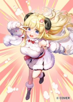  1girl :d ahoge animal_ears belt_pouch black_boots blonde_hair boots bow bowtie breasts brooch cape commentary_request detached_sleeves dress fur-trimmed_boots fur-trimmed_cape fur-trimmed_dress fur-trimmed_sleeves fur_trim hair_ornament hairclip halter_dress halterneck hololive horns jewelry large_breasts long_hair looking_at_viewer official_art open_mouth pouch purple_eyes red_bow red_bowtie saihate_(d3) sheep_ears sheep_girl sheep_horns sleeveless sleeveless_dress smile solo teeth tsunomaki_watame tsunomaki_watame_(1st_costume) upper_teeth_only v v_over_eye very_long_hair virtual_youtuber white_dress 