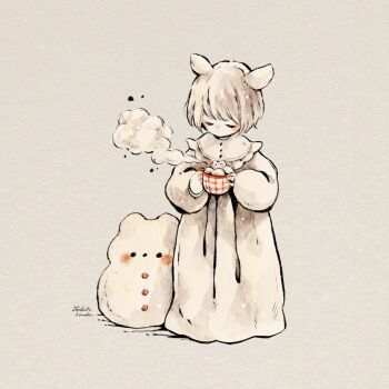  1boy artist_name child closed_eyes closed_mouth commentary_request cup dot_mouth dot_nose food full_body grey_background grey_hair holding holding_cup long_sleeves male_focus marshmallow nightgown original painting_(medium) short_hair signature simple_background solo standing steam steaming_food tookita_honoka traditional_media watercolor_(medium) 