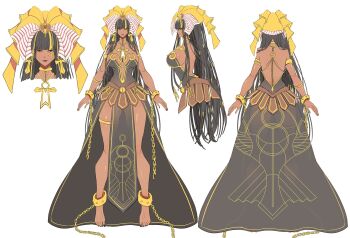  1girl ancient_egyptian_clothes barefoot black_hair blonde_hair breasts character_profile colored_bangs dark-skinned_female dark_skin dress duel_monster exodia_the_forbidden_one full_body genderswap genderswap_(mtf) highres large_breasts long_hair multicolored_hair multiple_views reference_sheet simple_background standing turnaround two-tone_hair white_background yu-gi-oh! zackpyo 
