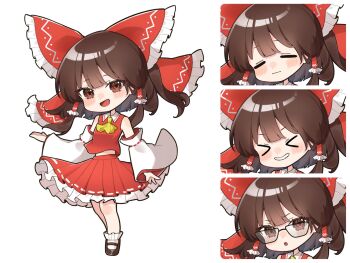 >_< 1girl ascot bespectacled blush bow brown_eyes brown_hair brown_shoes chibi chibi_only closed_eyes closed_mouth commentary_request detached_sleeves frilled_bow frilled_hair_tubes frills full_body glasses grin hair_bow hair_tubes hakurei_reimu highres long_hair looking_at_viewer mary_janes mokou_cooking multiple_expressions multiple_views open_mouth psd_available red_bow red_skirt ribbon-trimmed_sleeves ribbon_trim shoes simple_background skirt skirt_set smile socks touhou white_background white_socks yellow_ascot 