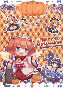 4girls animalization argyle_background bandages black_hair blonde_hair blue_eyes bow braid cat cirno coa_(chroo_x) demon_horns demon_tail dress drill_hair hair_bow halloween halloween_costume happy_halloween hat highres horns ice ice_wings jack-o'-lantern kirisame_marisa long_hair luna_child multiple_girls one_eye_closed open_mouth polearm pumpkin red_eyes ribbon scan short_hair skull smile star_sapphire sunny_milk tail touhou trident twintails weapon wings witch_hat yellow_eyes 