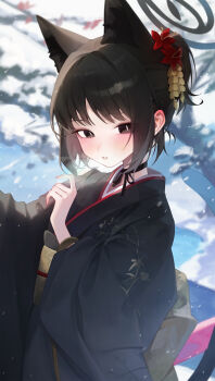  1girl animal_ear_fluff animal_ears black_choker black_eyes black_hair black_halo black_kimono blue_archive blue_halo breath cat_ears cat_girl cat_tail choker flower from_side furisode gradient_halo hair_flower hair_ornament halo hand_up highres japanese_clothes kikyou_(blue_archive) kimono looking_at_viewer looking_to_the_side multicolored_halo multiple_tails obi parted_lips print_kimono ribbon_choker s0104y sash slit_pupils snowing solo tail updo upper_body 