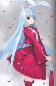  1girl animal_ears blue_hair female_focus gothic_lolita gradient_background grey_background lolita_fashion long_hair parasol petals rabbit_ears red_eyes reisen_udongein_inaba ribbon solo standing thighhighs touhou ueda_ryo umbrella  rating:Sensitive score:6 user:grgspunk