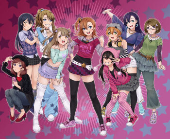  6+girls :3 animal_ear_headwear animal_print argyle_clothes argyle_vest arm_up ayase_eli beanie bell belt black_choker black_hair black_hat black_jacket black_nails black_skirt black_thighhighs blonde_hair blue_eyes boots braid breasts brown_eyes brown_hair butterfly_hair_ornament butterfly_print cellphone choker closed_mouth commentary crescent crescent_earrings crop_top earflap_beanie earrings english_commentary eyeliner fake_animal_ears fang fingernails flip_phone frilled_skirt frills glasses green_eyes green_shirt grey_hat grey_pants grey_skirt grey_tank_top grin hair_ornament hand_on_own_knee hand_up hat headphones headphones_around_neck high_heels highres holding holding_phone hoshizora_rin jacket jewelry koizumi_hanayo kosaka_honoka leaning_forward leg_warmers long_hair long_sleeves looking_at_viewer love_live! love_live!_school_idol_project low_twintails makeup medium_hair midriff minami_kotori multiple_girls nail_polish navel neck_bell necklace nishikino_maki one_side_up open_mouth orange_hair pants partially_open_jacket phone pink_background pink_jacket pink_shirt pink_shoes pink_theme polka_dot polka_dot_thighhighs pom_pom_(clothes) pom_pom_beanie ponytail print_shirt print_skirt protected_link purple_eyes purple_hair purple_skirt red_eyes red_shoes semi-rimless_eyewear shirt shirt_under_shirt shoes short_hair short_sleeves shorts skirt smile sonoda_umi squatting standing star_(symbol) star_earrings star_necklace star_print star_symbol_background sweater_vest tamanaegi tank_top thigh_boots thighhighs tojo_nozomi twintails two_side_up under-rim_eyewear v veil white_belt white_boots white_shorts white_veil y2k_fashion yazawa_nico 