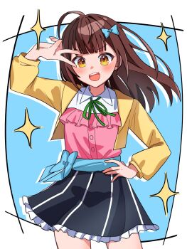  +_+ 1girl :d ahoge arm_up black_skirt blue_background blue_bow blue_skirt blush bow brown_eyes brown_hair collared_shirt cowboy_shot diffraction_spikes frilled_skirt frills glint hair_bow hand_on_own_hip hand_up highres jacket long_hair long_sleeves looking_at_viewer open_mouth ribbon round_teeth sayagi38 shirt skirt smile solo sparkle sparkle_background sparkling_eyes teeth upper_teeth_only v white_shirt world_dai_star yanagiba_panda 