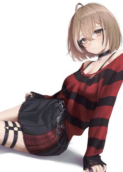  1girl absurdres ahoge arm_support belt black_belt black_bra black_choker black_skirt black_streaks black_sweater bra bra_peek bra_strap braid braided_bangs breasts brown_eyes brown_hair choker cleavage closed_mouth crossed_bangs double-parted_bangs hair_between_eyes hashtag-only_commentary highres hololive hololive_english lace-trimmed_choker lace_trim looking_at_viewer medium_breasts miniskirt nanashi_mumei nanashi_mumei_(emo) o-ring o-ring_thigh_strap official_alternate_costume official_alternate_hairstyle pendant_choker pleated_skirt red_sweater samukzz short_hair simple_background sitting skirt sleeves_past_wrists solo striped_clothes striped_sweater sweater thigh_strap torn_clothes torn_sweater underwear virtual_youtuber white_background white_streaks yokozuwari 