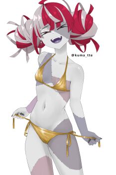  >_< 1girl absurdres bikini black_nails breasts closed_eyes colored_skin colored_tongue commentary double_bun earrings english_commentary fangs gold_bikini grey_hair grey_skin hair_bun highres hololive hololive_indonesia jewelry kuma_tte kureiji_ollie multicolored_hair multicolored_skin navel open_mouth patchwork_skin pink_skin purple_tongue red_hair simple_background small_breasts solo swimsuit two-tone_hair virtual_youtuber white_background zombie 