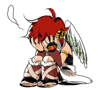  1boy ahoge angel angel_wings brown_hair covering_face full_body kid_icarus kid_icarus_(nes) male_focus nintendo pit_(kid_icarus) poiv simple_background sitting solo wavy_mouth white_background wings 