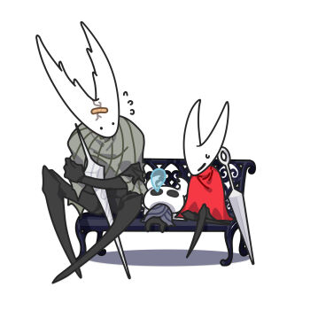  1girl 2others arthropod_girl bandaid bench can't_choose_your_own_family cloak closed_eyes crossed_arms crossed_legs flying_sweatdrops grey_cloak highres hollow_knight hollow_knight_(character) hornet_(hollow_knight) knight_(hollow_knight) maou_skun multiple_others nail_(hollow_knight) red_cloak simple_background sitting sleeping solid_circle_eyes squeans sweat weapon white_background 