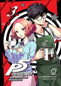  1boy 1girl amamiya_ren animal_ears animal_hands apron arm_behind_back artist_name barista black_hair black_shirt blue_sweater brown_hair cat coffee coffee_pot copyright_name cup curly_hair fluffy fluffy_hair glasses green_apron grey_eyes highres holding holding_coffee_pot holding_cup holding_plate lips multicolored_cat multicolored_shirt official_art okumura_haru persona persona_5 pink_skirt plate purple_eyes round_eyewear saitou_rokuro shirt short_hair skirt sleeves_rolled_up smile star_(symbol) sweater udon_entertainment v-neck watch white_cat white_shirt wristwatch 