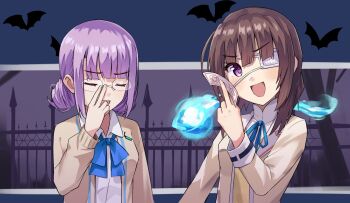  2girls adjusting_eyewear bare_tree bat_(animal) between_fingers blazer blue_fire blue_ribbon breasts brown_hair brown_jacket collared_shirt commentary_request drill_hair eyepatch fence fire glasses hair_ornament heaven_burns_red hexagram highres higuchi_seika hiiragi_kozue holding jacket long_sleeves looking_at_viewer medium_hair mok_kan multiple_girls neck_ribbon one_eye_covered open_mouth purple_eyes purple_hair ribbon rimless_eyewear shirt skirt tree twin_drills white_shirt 