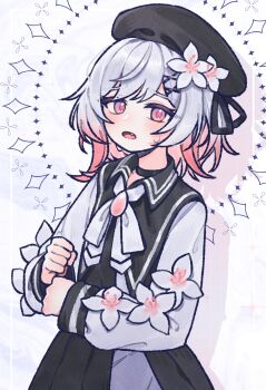  1girl beret black_choker black_dress black_hat cherry_blossoms choker commentary_request dress fang flower gradient_hair hair_flower hair_ornament hat highres jambujok korean_commentary long_sleeves looking_at_viewer mahou_shoujo_no_majo_saiban medium_hair multicolored_hair neck_ribbon open_mouth pink_eyes pink_hair ribbon sakuraba_ema solo white_hair white_ribbon x_hair_ornament 