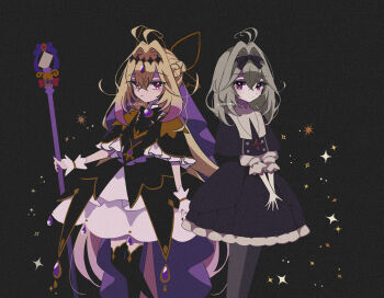  1girl ahoge antenna_hair artist_name black_background black_bow black_bowtie black_capelet black_dress black_ribbon black_thighhighs blonde_hair bow bowtie braid brooch capelet closed_mouth commentary cure_arcana_shadow diamond_hairband dress expressionless feet_out_of_frame film_grain frilled_capelet frilled_cuffs frilled_dress frilled_sleeves frills gradient_hair grey_pantyhose hair_between_eyes hair_bow hair_intakes hair_ribbon half_up_braid heart heart_brooch highres holding holding_staff jewelry katsuragi_atori layered_dress light_frown long_hair looking_at_viewer magical_girl medium_dress medium_hair meitantei_precure! moria_luluka multicolored_hair nail_polish necklace own_hands_together pantyhose precure purple_eyes purple_hair purple_nails purple_veil ribbon simple_background solo sparkle staff standing tear_arcana_rod thighhighs twitter_username v_arms veil very_long_hair white_wrist_cuffs wrist_cuffs 