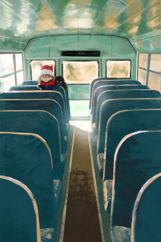  1girl absurdres animal blue_coat blue_theme blush brown_hair bus bus_interior ceiling chair closed_mouth coat commentary expressionless fur-trimmed_headwear fur_trim hair_between_eyes hat highres kouroul messy_hair motor_vehicle nose_blush original perspective red_hat red_scarf reflection reflective_surface scarf scenery school_bus short_hair sitting slit_pupils solo sunlight white_trim wide_shot window yellow_eyes 