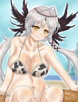 1girl beach black_wings chaos_karen_(grimms_notes) cow_print cow_print_bikini gaoren7 grey_hair grimms_notes grin head_wings navel print_bikini sitting smile solo teeth wings yellow_eyes