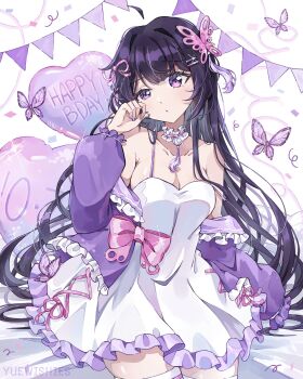  1girl ahoge balloon breasts bug butterfly butterfly_hair_ornament choker cleavage commentary cowboy_shot detached_ahoge dress english_commentary frilled_choker frilled_dress frilled_shirt frills hair_ornament hairclip half-closed_eye hand_up happy_birthday heart_balloon highres insect large_breasts long_hair long_sleeves looking_at_viewer open_clothes open_shirt original parallel_hairclips pink_choker purple_eyes purple_hair purple_shirt shirt solo string_of_flags uneven_eyes white_dress yuewishies 