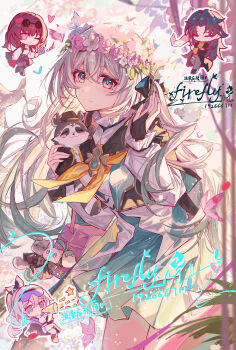  1boy 3girls absurdres aqua_hair aqua_skirt black_bridal_gauntlets blade_(honkai:_star_rail) bridal_gauntlets character_name chibi chinese_commentary commentary_request cropped_jacket firefly_(honkai:_star_rail) floating_hair flower gradient_hair grey_hair hair_between_eyes hair_flower hair_ornament hand_up heart highres holding holding_stuffed_toy honkai:_star_rail honkai_(series) kafka_(honkai:_star_rail) long_sleeves looking_at_viewer multicolored_eyes multicolored_hair multiple_girls neckerchief open_mouth pink_flower second-party_source silver_wolf_(honkai:_star_rail) single_bridal_gauntlet skirt smile stuffed_animal stuffed_raccoon stuffed_toy yajuu 