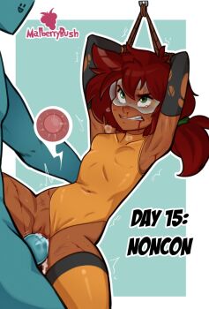  1boy 1girl angry armpits arms_behind_head arms_up artist_name bdsm black_gloves blood blood_from_mouth blue_background blue_skin bondage border bound breasts clenched_teeth clothing_aside colored_skin commentary covered_collarbone covered_navel cum cum_in_pussy cum_overflow cuts dark-skinned_female dark_skin defeat elbow_gloves english_commentary english_text fertilization gloves goggles hair_between_eyes heavy_breathing hetero highres impregnation injury kinktober leotard leotard_aside long_hair looking_at_another low_ponytail malberrybush malyna_(malberrybush) orange_thighhighs original outline outside_border ovum ponytail rape red_hair restrained rope sex simple_background small_breasts solo_focus sperm_cell tears teeth thighhighs torn_clothes trembling uncensored unwanted_creampie unwanted_impregnation vaginal white_border white_outline yellow_leotard  rating:Explicit score:447 user:danbooru