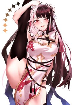  1girl :p absurdres armpits black_thighhighs blush breasts brown_hair chinese_clothes cleavage cleavage_cutout clothing_cutout cowboy_shot female_focus hair_bun hair_ornament highres large_breasts long_hair looking_at_viewer multicolored_hair nijisanji open_mouth pink_hair red_eyes ribbon simple_background sleeveless solo split standing standing_on_one_leg standing_split tagme thighhighs thighs tongue tongue_out two-tone_hair virtual_youtuber white_background yorumi_rena yuki_maccha_(yukimattya10)  rating:Sensitive score:5 user:Rectal_Surgeon