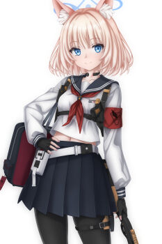  1girl animal_ear_fluff animal_ears arm_at_side armband bag black_gloves black_pantyhose black_sailor_collar black_skirt blue_archive blue_eyes blue_halo blunt_bangs breasts chest_harness closed_mouth collarbone commentary_request cowboy_shot eyelashes eyes_visible_through_hair fingerless_gloves fox_ears fox_girl gloves gun halo hand_on_own_hip harness highres holding holding_gun holding_weapon long_sleeves looking_at_viewer medium_hair midriff miniskirt nail_polish navel neckerchief niko_(blue_archive) pantyhose partial_commentary pink_hair pink_nails pleated_skirt red_armband red_neckerchief sailor_collar sailor_shirt school_uniform shirt shoulder_bag simple_background skirt small_breasts smile solo split_mouth straight_hair sturm_(arowana_kingyo) tactical_school_uniform thigh_strap two_side_up weapon white_background white_shirt 